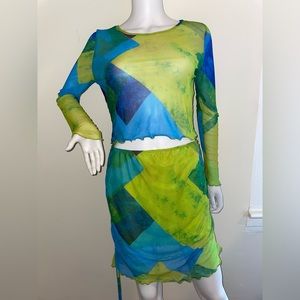 Fashion Nova “Be Different” Mesh Mini Skirt Set Aqua/Combo Large Long Sleeve NWT